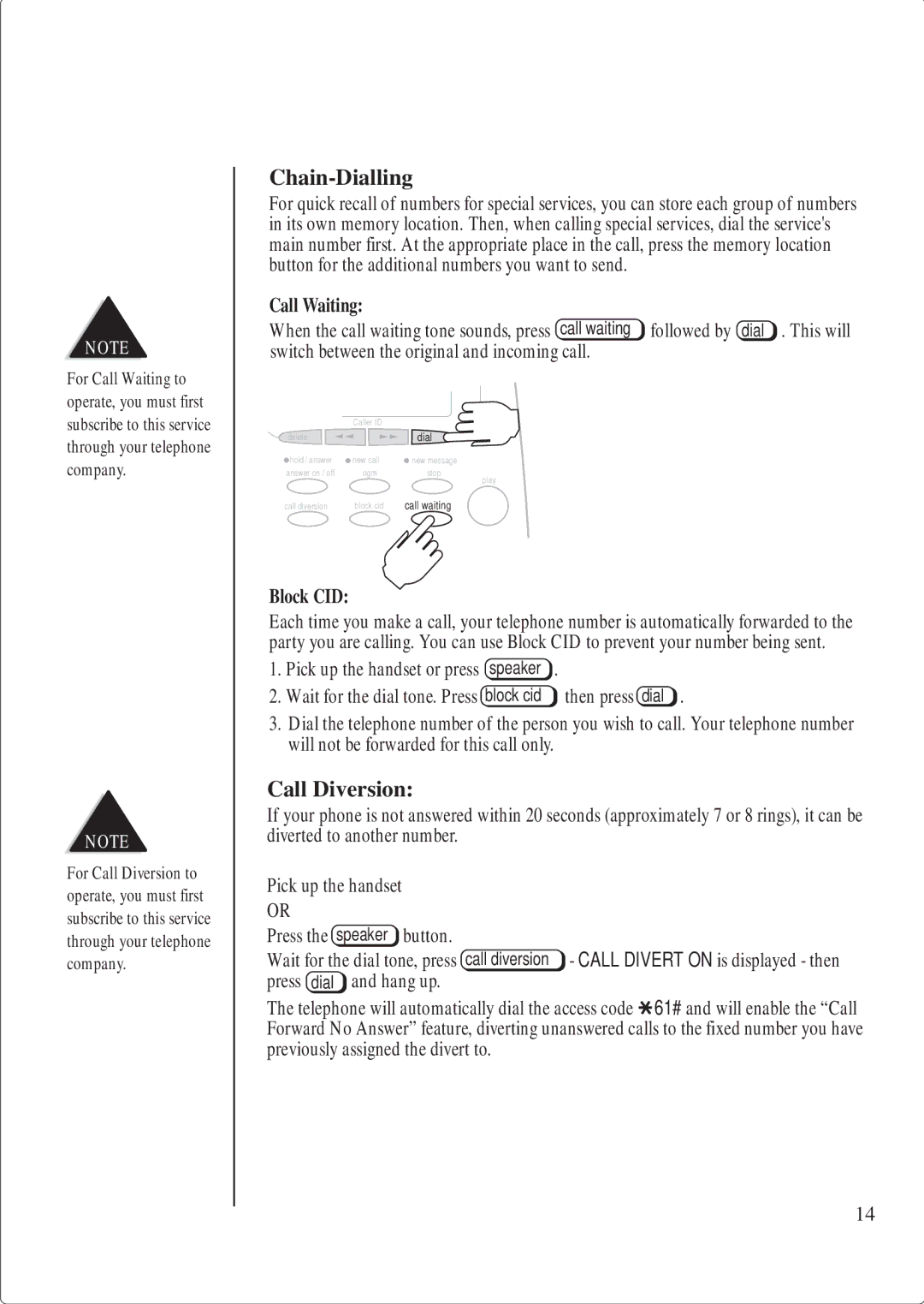 Uniden FP 107 manual Chain-Dialling, Call Diversion 