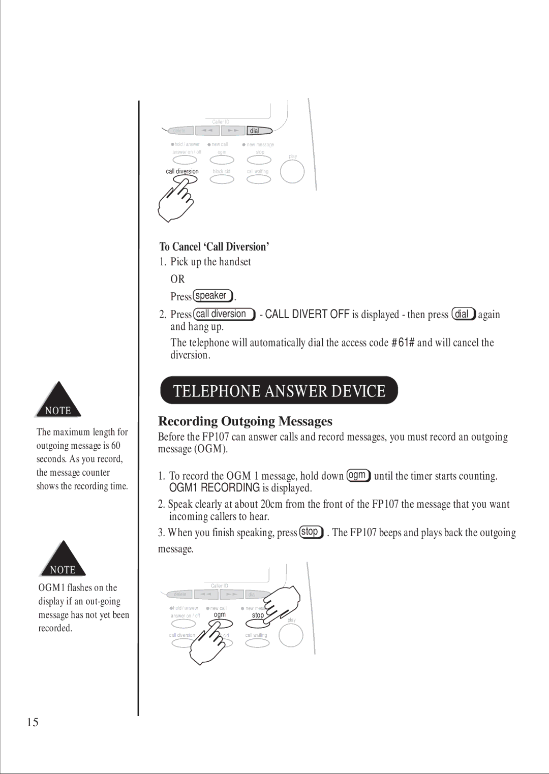 Uniden FP 107 manual Telephone Answer Device, Recording Outgoing Messages 