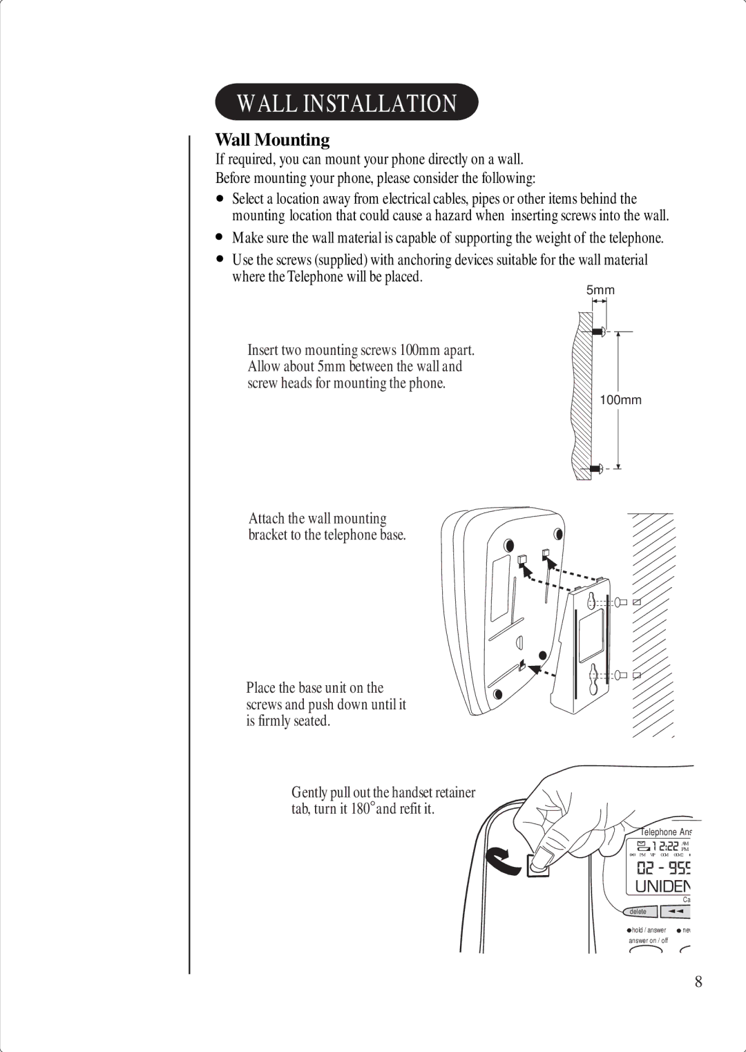 Uniden FP 107 manual Wall Installation, Wall Mounting 