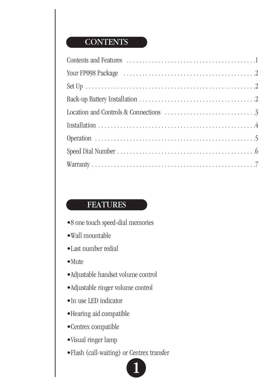 Uniden FP098 manual Contents, Features 