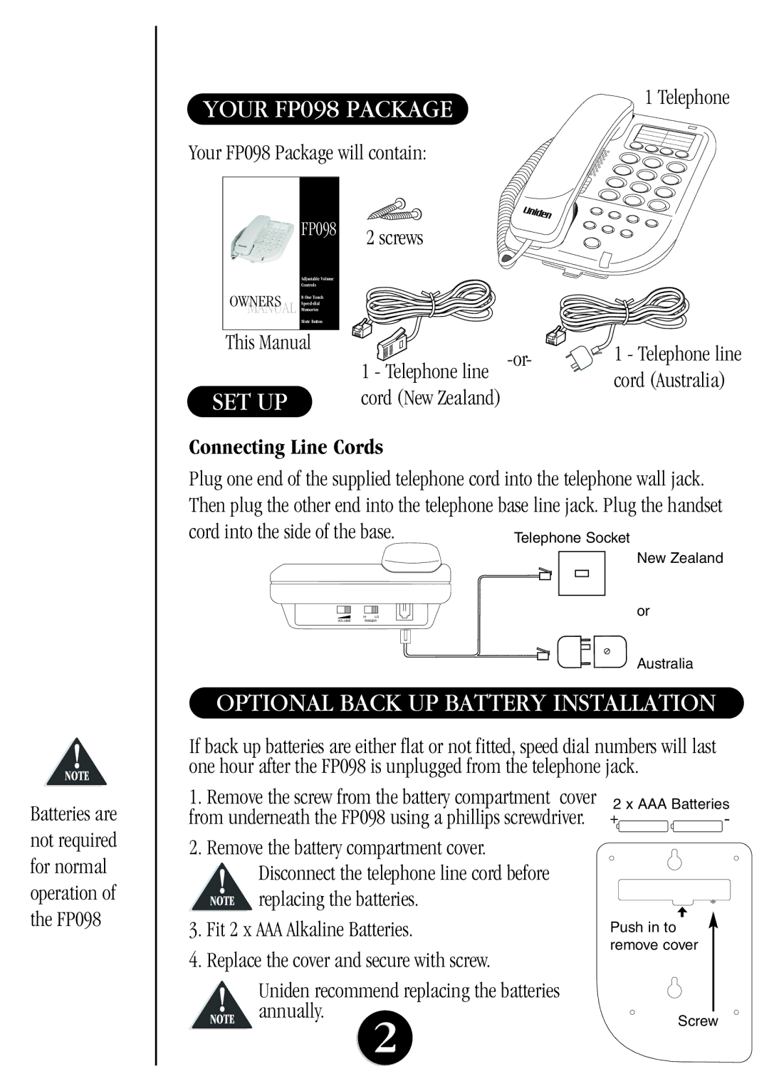 Uniden manual Your FP098 Package, Set Up, Connecting Line Cords 