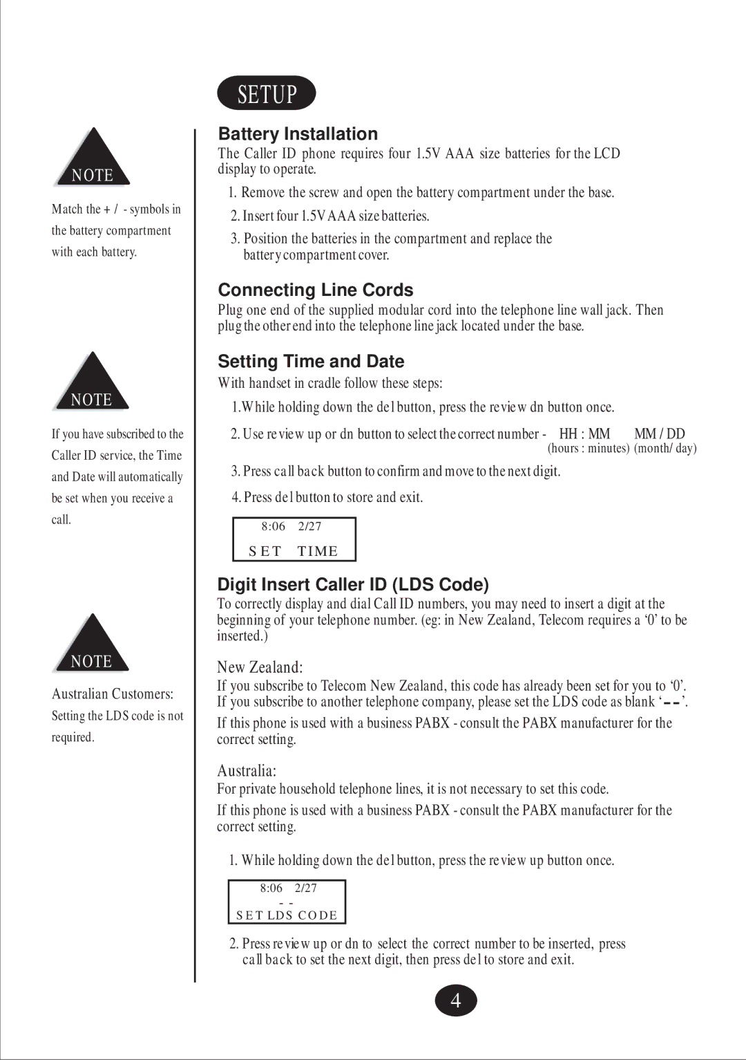 Uniden FP099 Setup, Battery Installation, Connecting Line Cords, Setting Time and Date, Digit Insert Caller ID LDS Code 