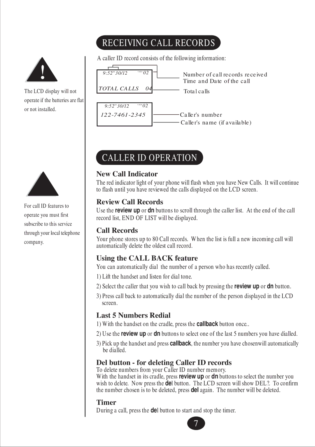 Uniden FP099 manual Receiving Call Records, Caller ID Operation 