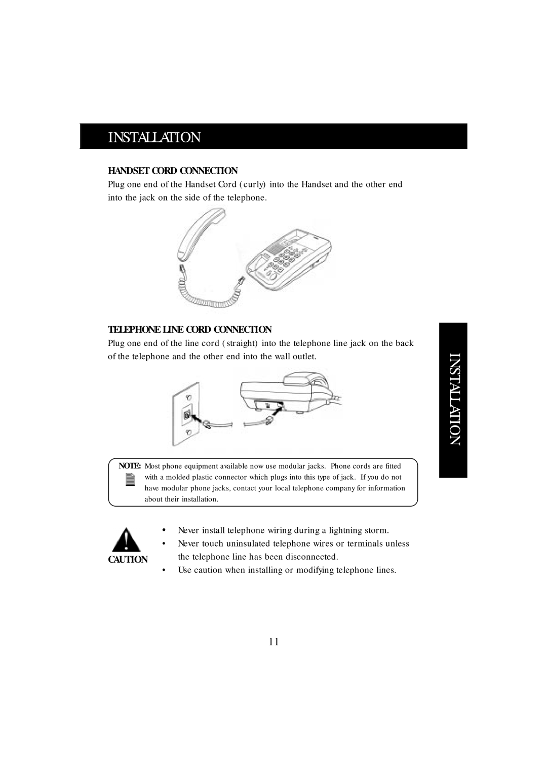 Uniden FP100 manual Installation, Handset Cord Connection, Telephone Line Cord Connection 