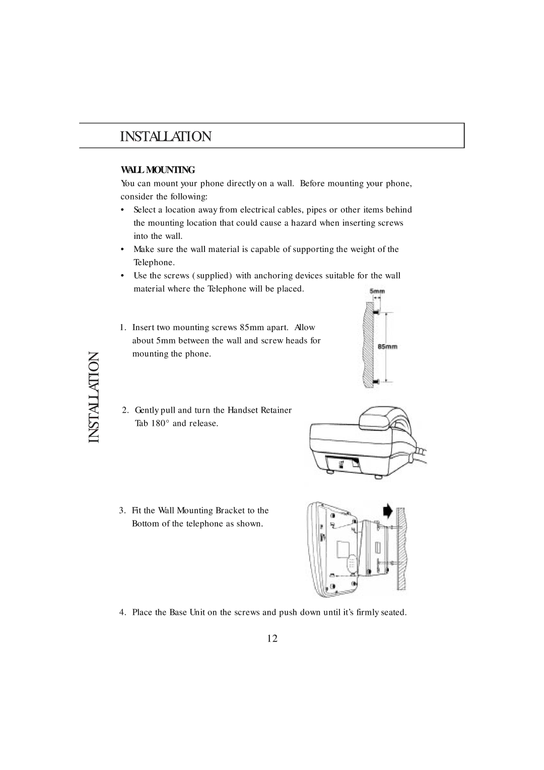 Uniden FP100 manual Installation, Wall Mounting 