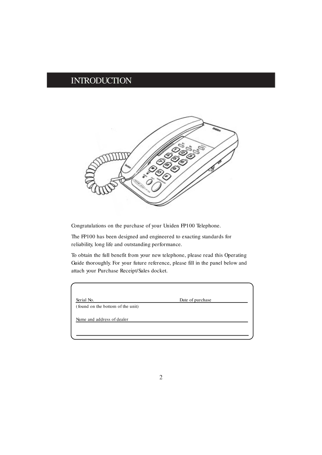 Uniden FP100 manual Introduction 