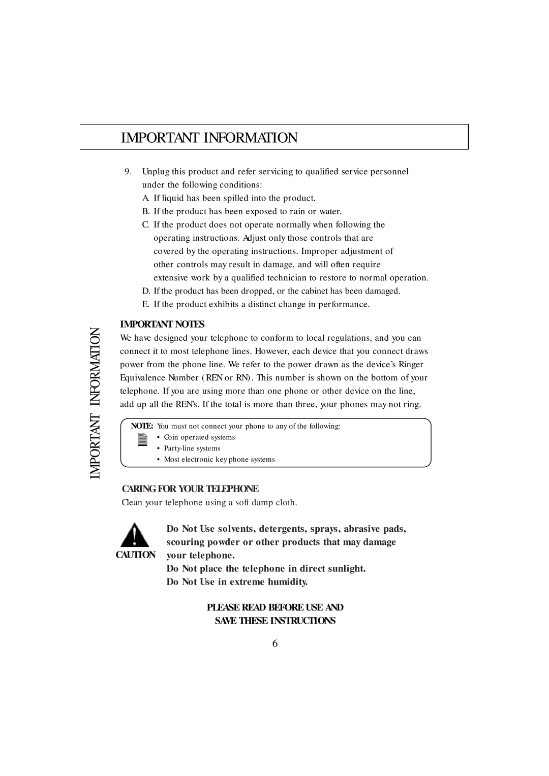 Uniden FP100 manual Important Information, Important Notes, Caring for Your Telephone, Please Read Before USE 