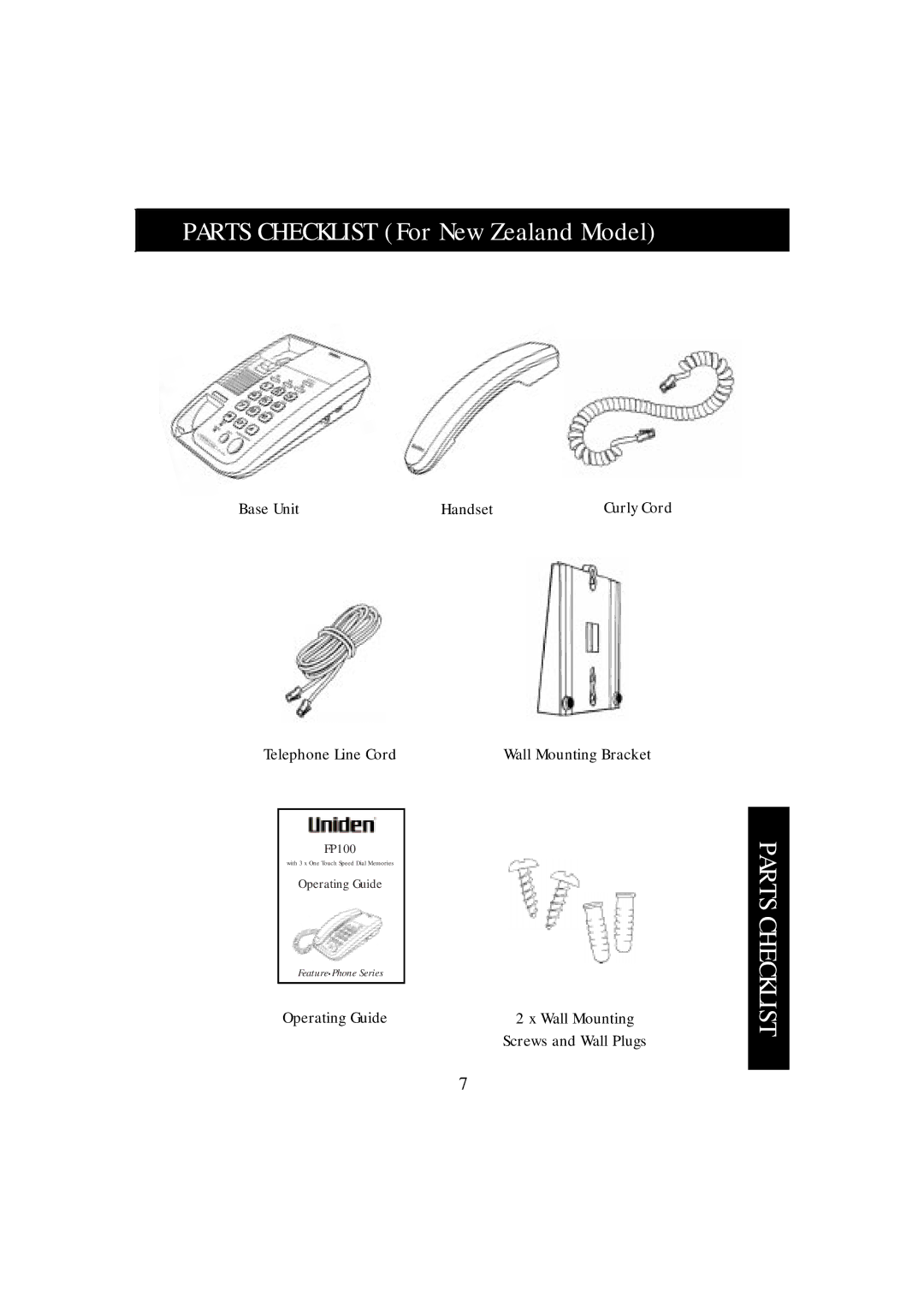 Uniden FP100 manual Parts Checklist For New Zealand Model 