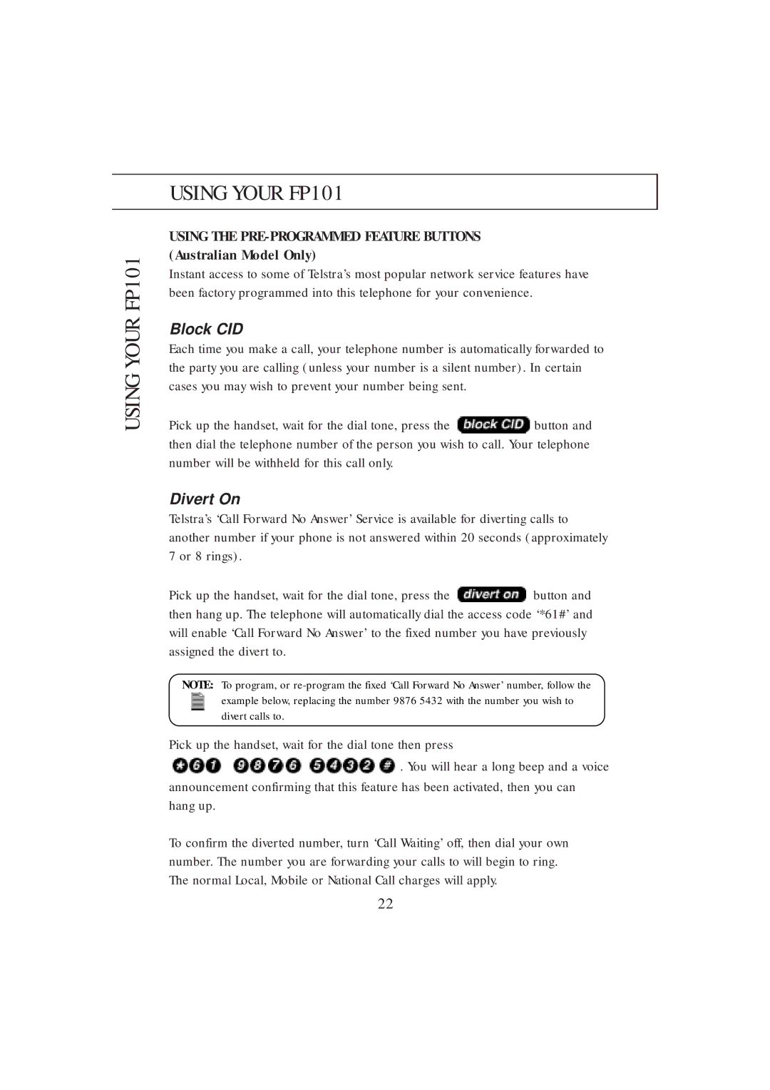 Uniden FP101 manual Block CID, Divert On 