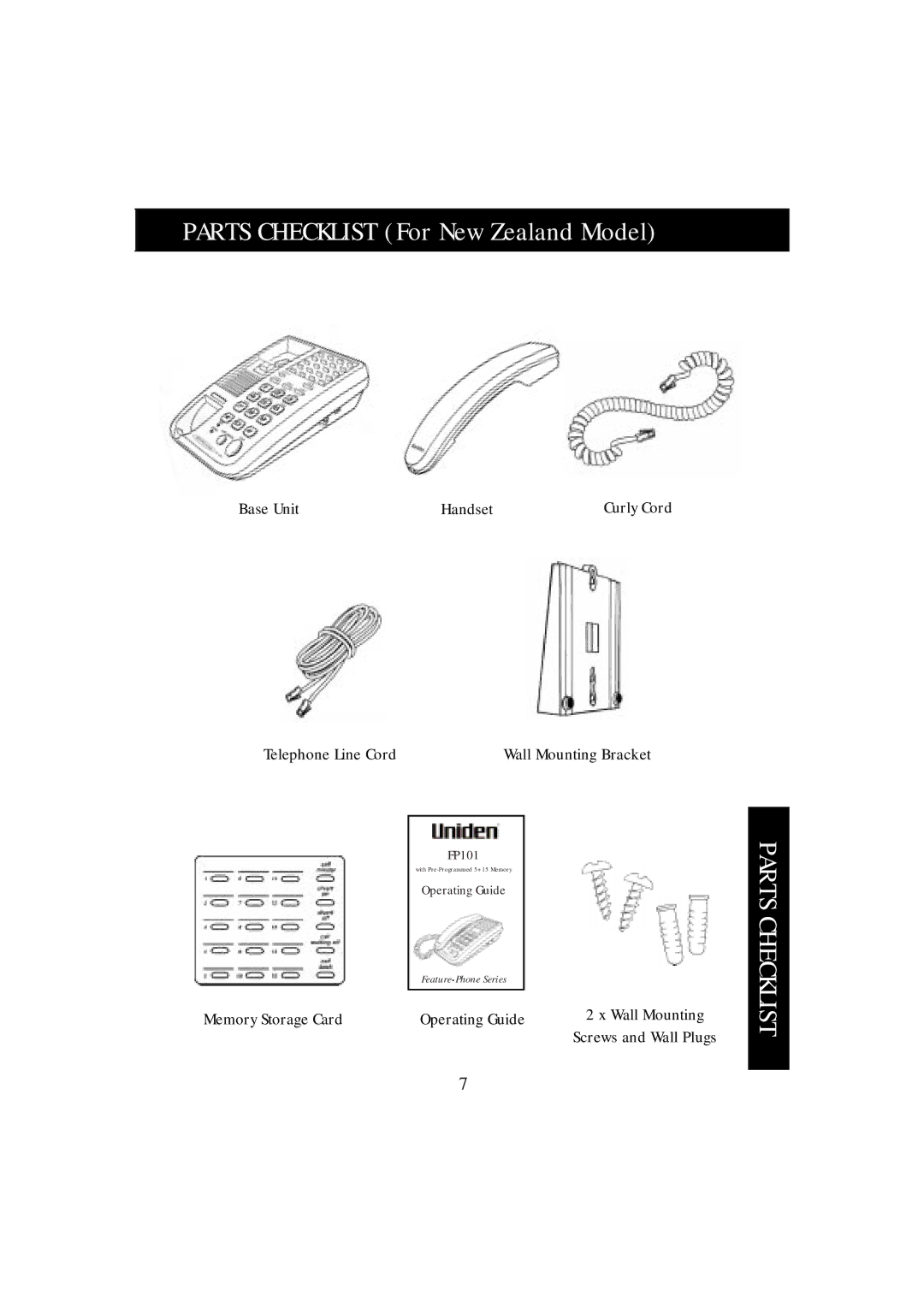 Uniden FP101 manual Base Unit Handset, Telephone Line Cord 