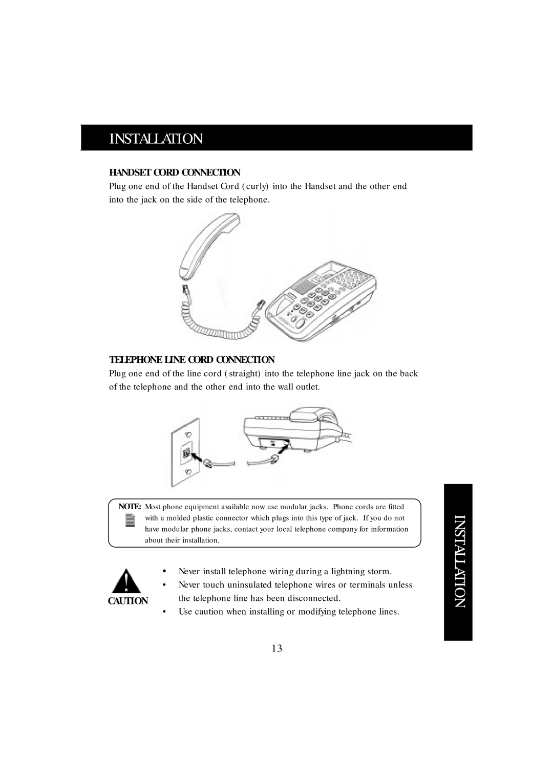 Uniden FP102 manual Installation, Handset Cord Connection, Telephone Line Cord Connection 