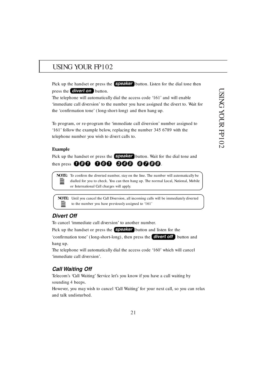 Uniden FP102 manual Example, Divert Off, Call Waiting Off 