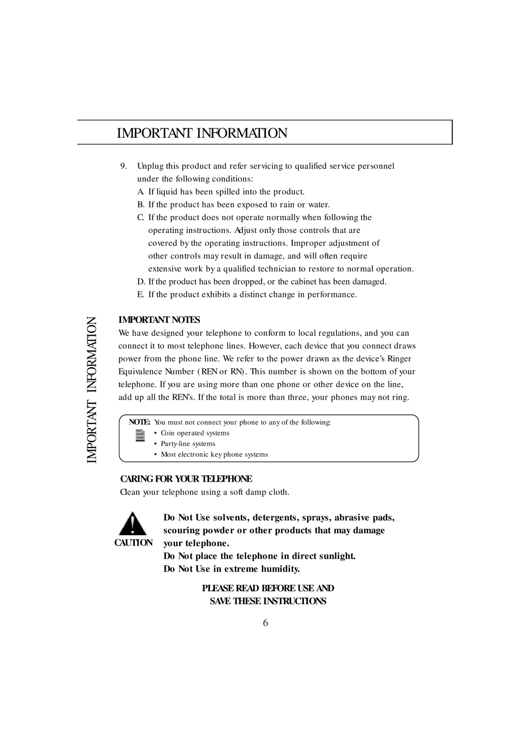 Uniden FP102 manual Important Information, Important Notes, Caring for Your Telephone, Please Read Before USE 