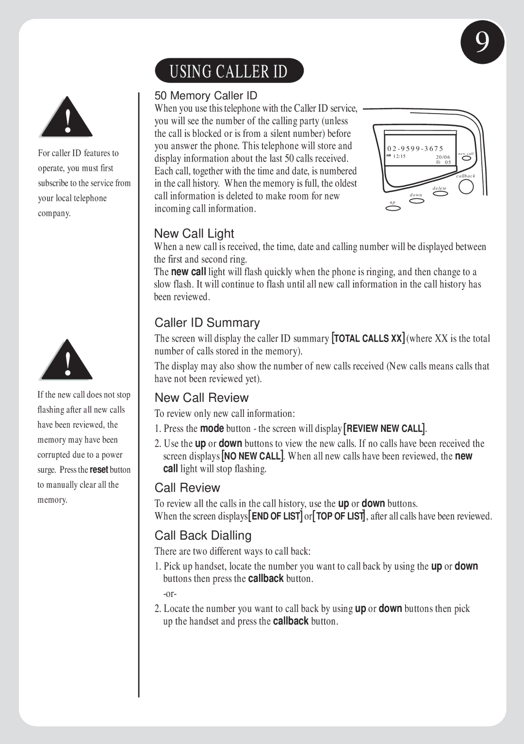 Uniden FP103 manual Using Caller ID 