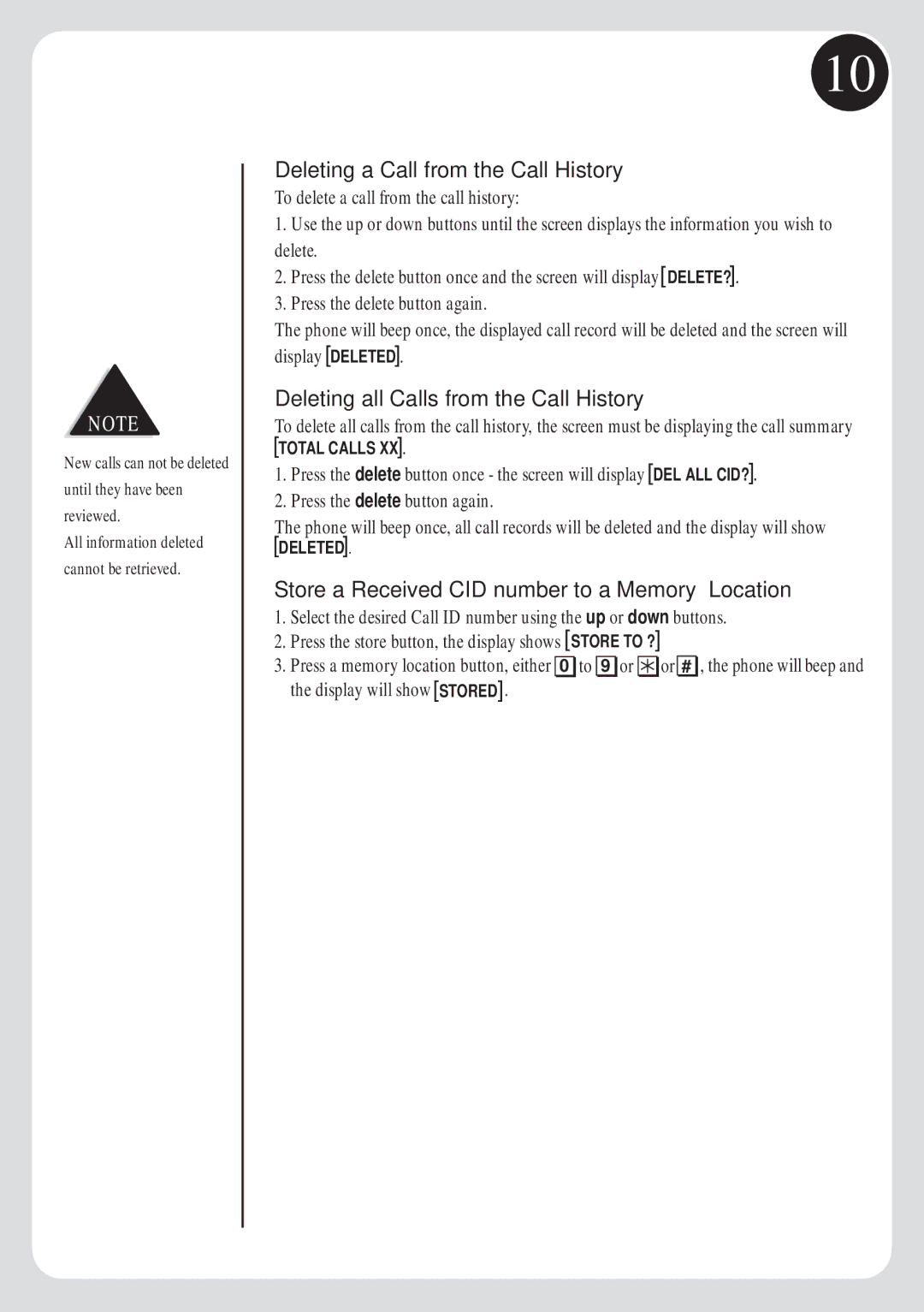 Uniden FP103 manual Deleting a Call from the Call History, Deleting all Calls from the Call History 