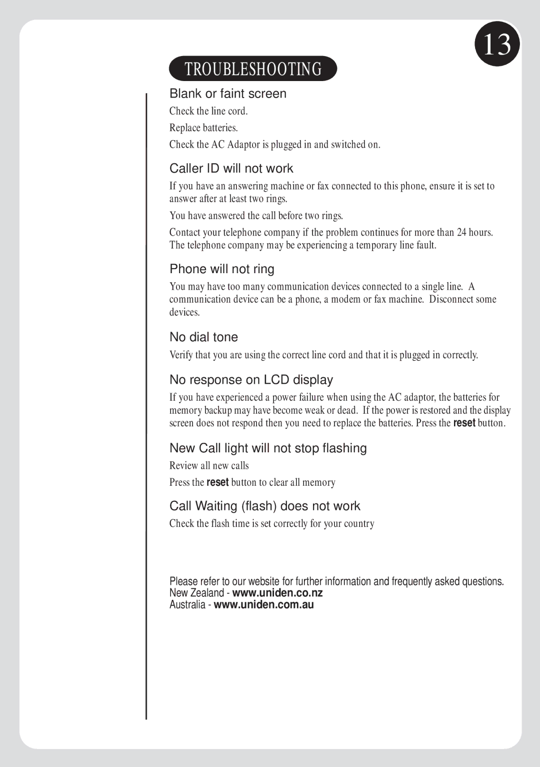 Uniden FP103 manual Troubleshooting 