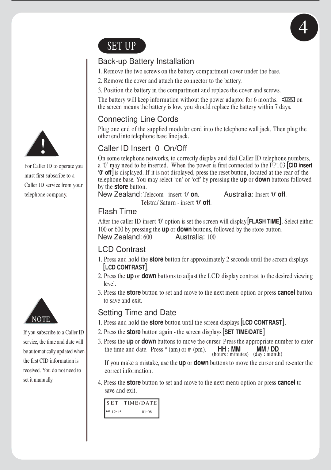 Uniden FP103 manual Set Up 