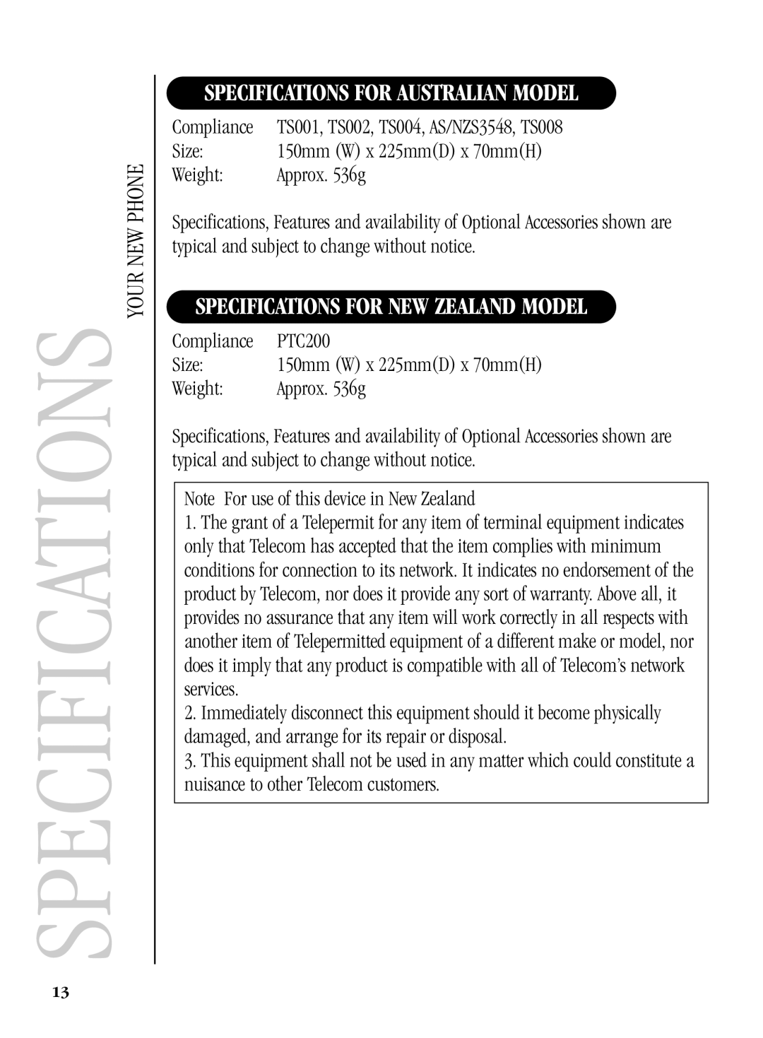 Uniden FP104 manual Specifications for Australian Model 