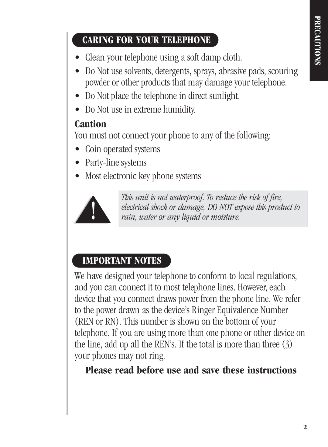 Uniden FP104 manual Caring for Your Telephone, Clean your telephone using a soft damp cloth, Important Notes 