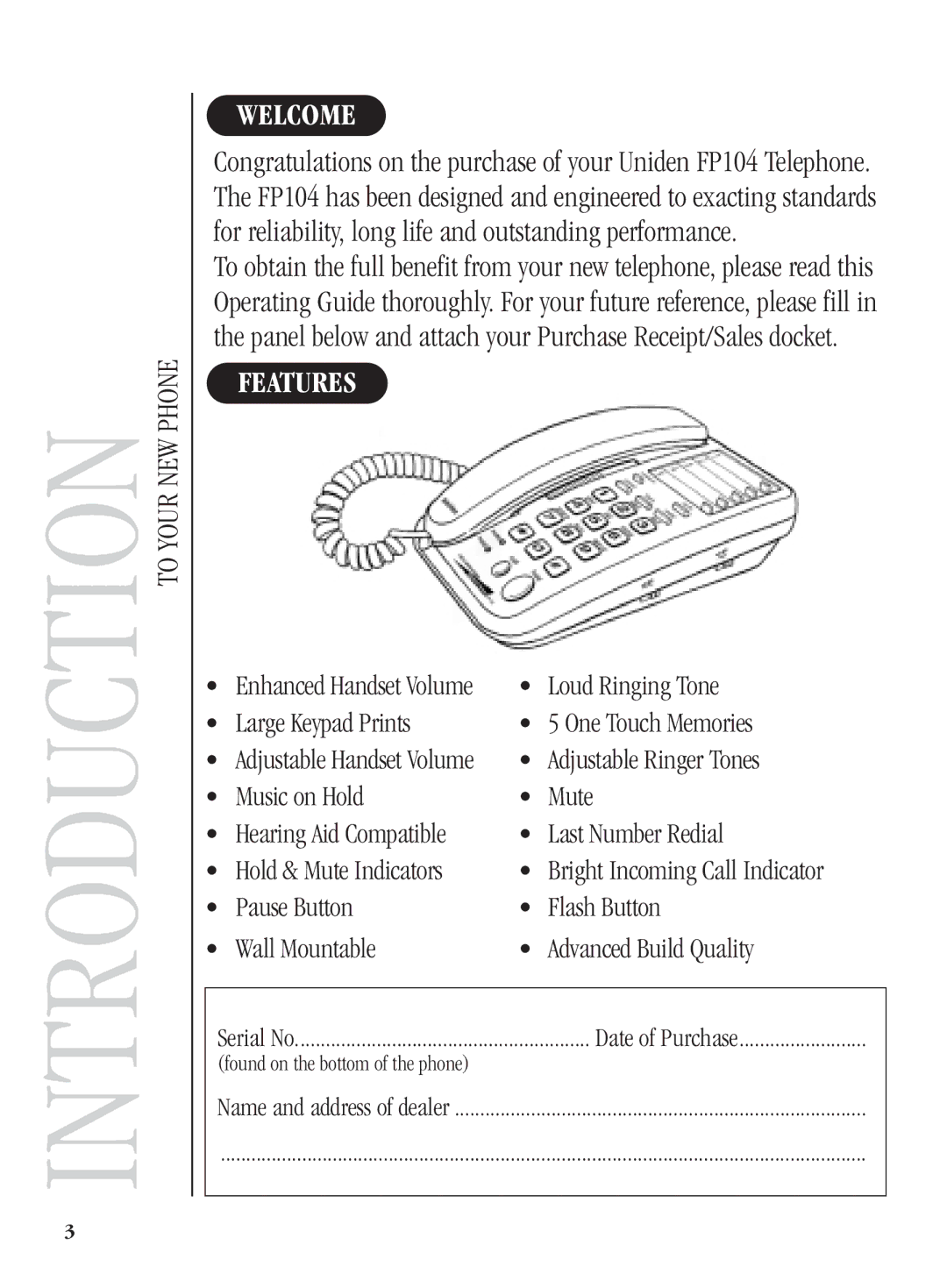 Uniden FP104 manual Welcome, Features 