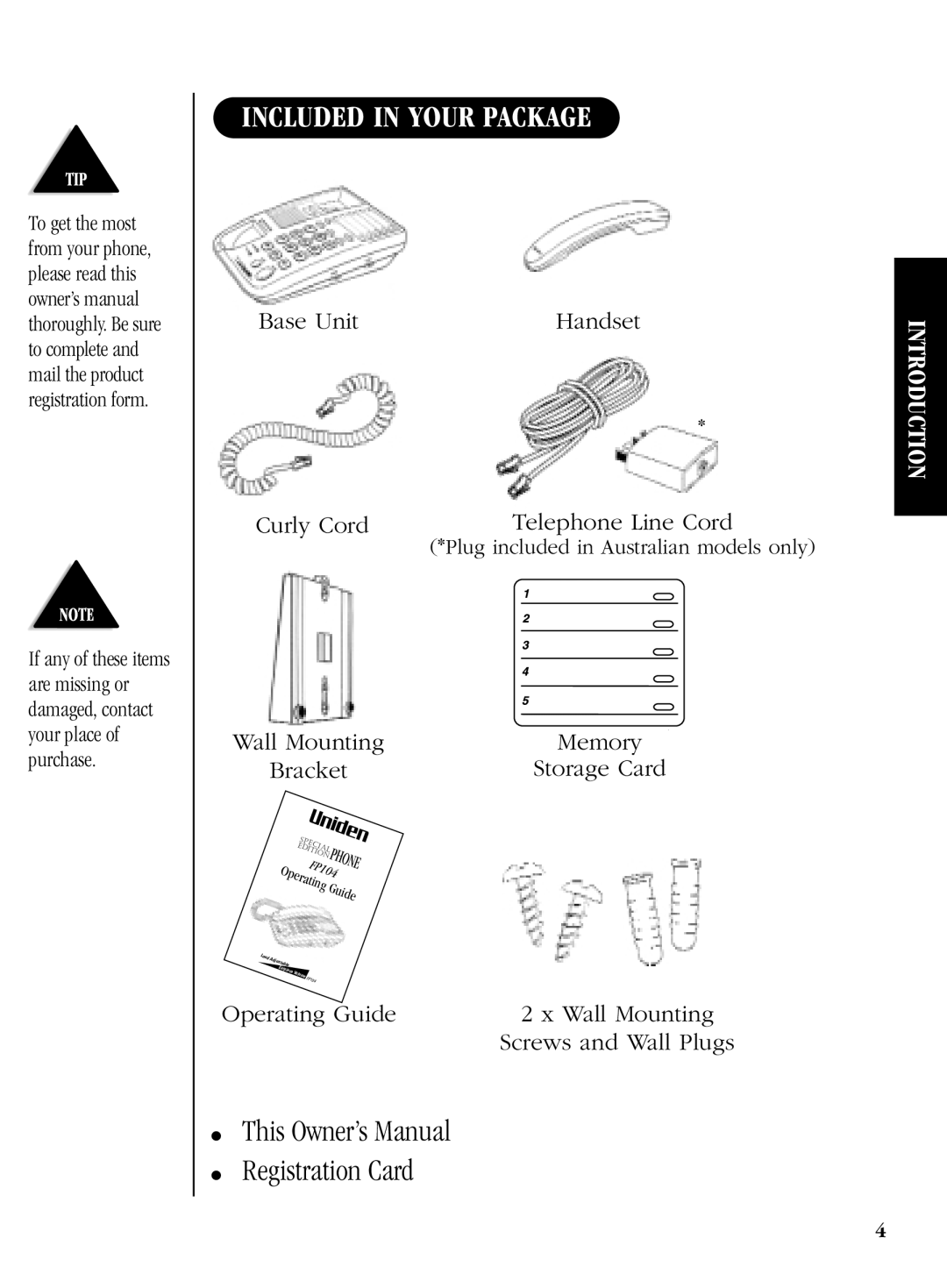 Uniden FP104 manual Included in Your Package, Registration Card 