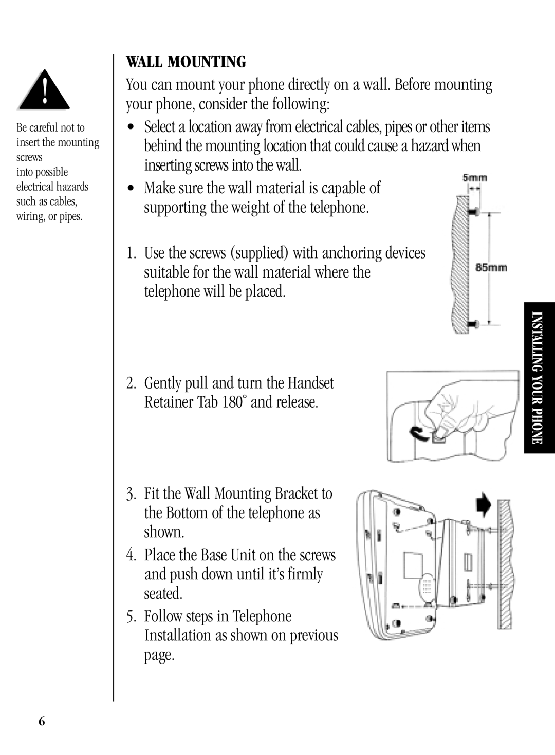 Uniden FP104 manual Wall Mounting 