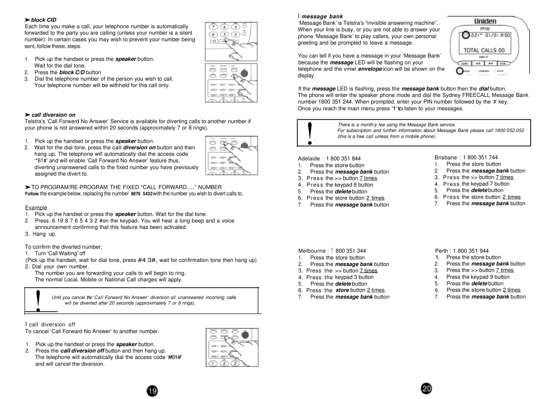 Uniden FP105 manual Block CID, To PROGRAM/RE-PROGRAM the Fixed Call FORWARD..... Number 