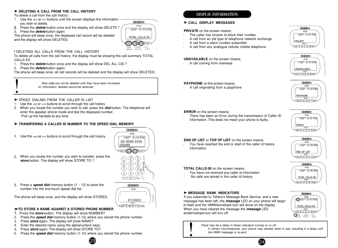 Uniden FP105 manual Call Display Messages, To Store a Name Against a Stored Phone Number, Message Bank Indicators 