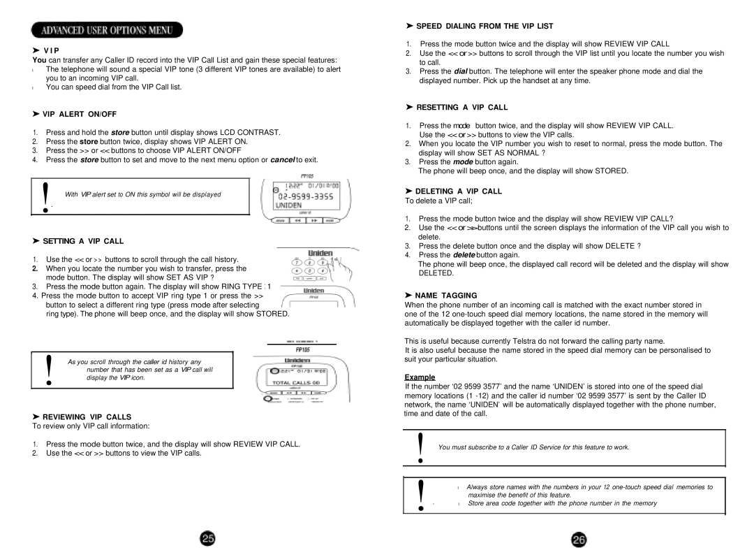 Uniden FP105 VIP Alert ON/OFF, Speed Dialing from the VIP List, Resetting a VIP Call, Deleting a VIP Call, Name Tagging 