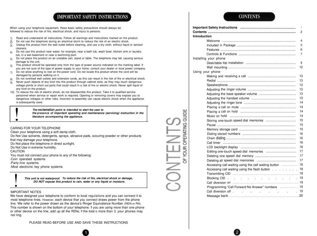 Uniden FP105 Caring for Your Telephone, Important Notes, Please Read Before USE and Save These Instructions, Introduction 