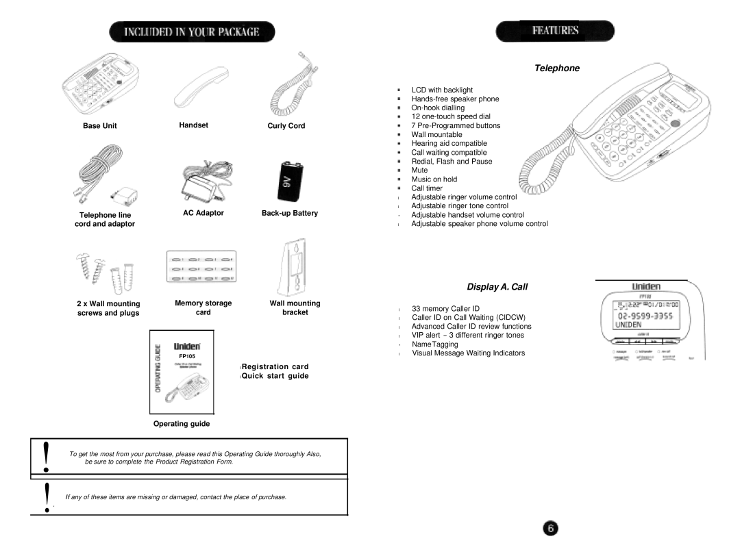 Uniden FP105 manual Base Unit, Handset, AC Adaptor Back-up Battery, Registration card l Quick start guide, Operating guide 