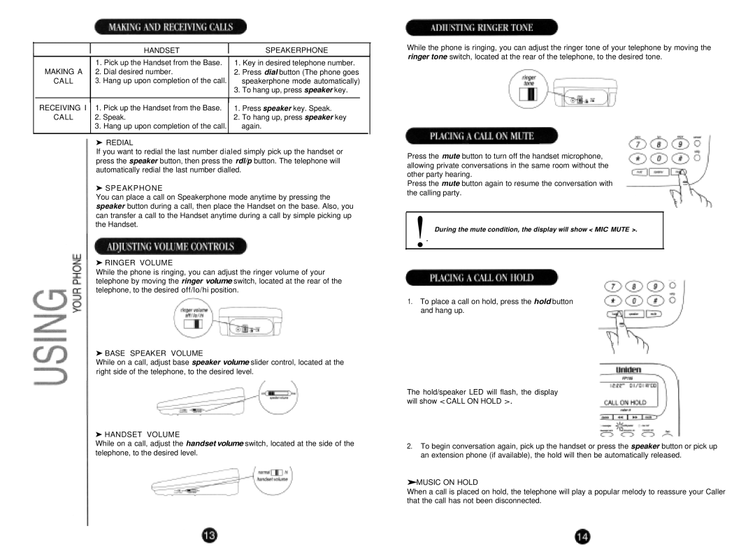 Uniden FP105 manual Handset Speakerphone, Making a, Call, Receiving, Redial, Speakphone, Ringer Volume, Base Speaker Volume 