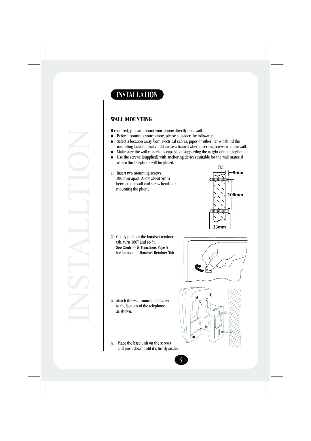 Uniden FP106 quick start Installtion, Installation, Wall Mounting, Insert two mounting screws 