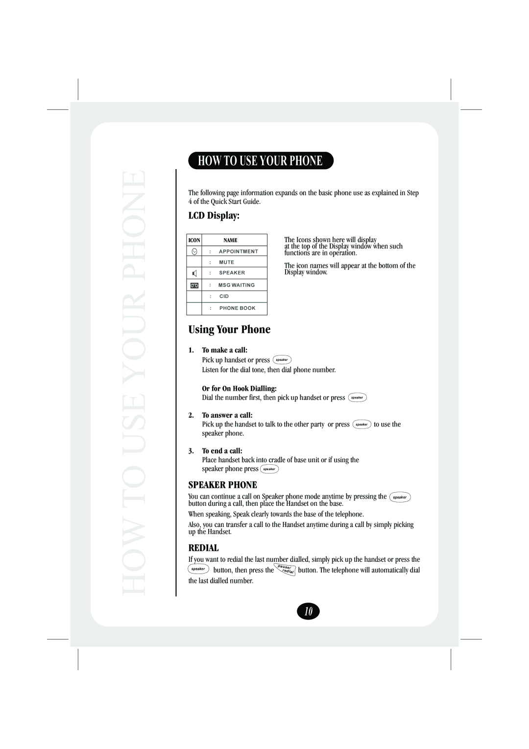 Uniden FP106 quick start HOW to USE Your Phone, LCD Display, Speaker Phone, Redial 