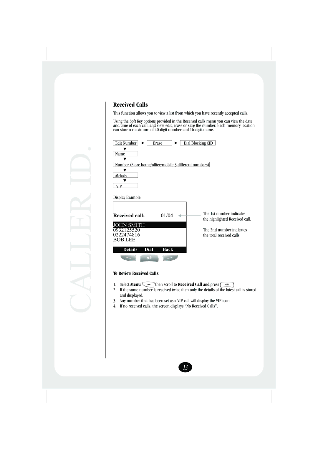 Uniden FP106 quick start Caller ID, To Review Received Calls 