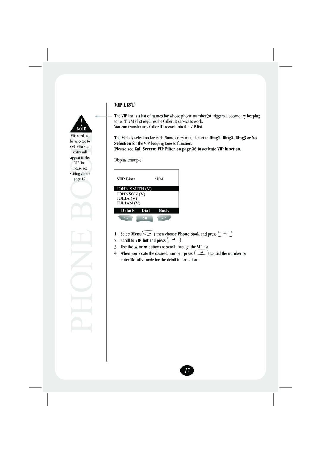 Uniden FP106 quick start VIP List, Use the or, Enter Details mode for the detail information 