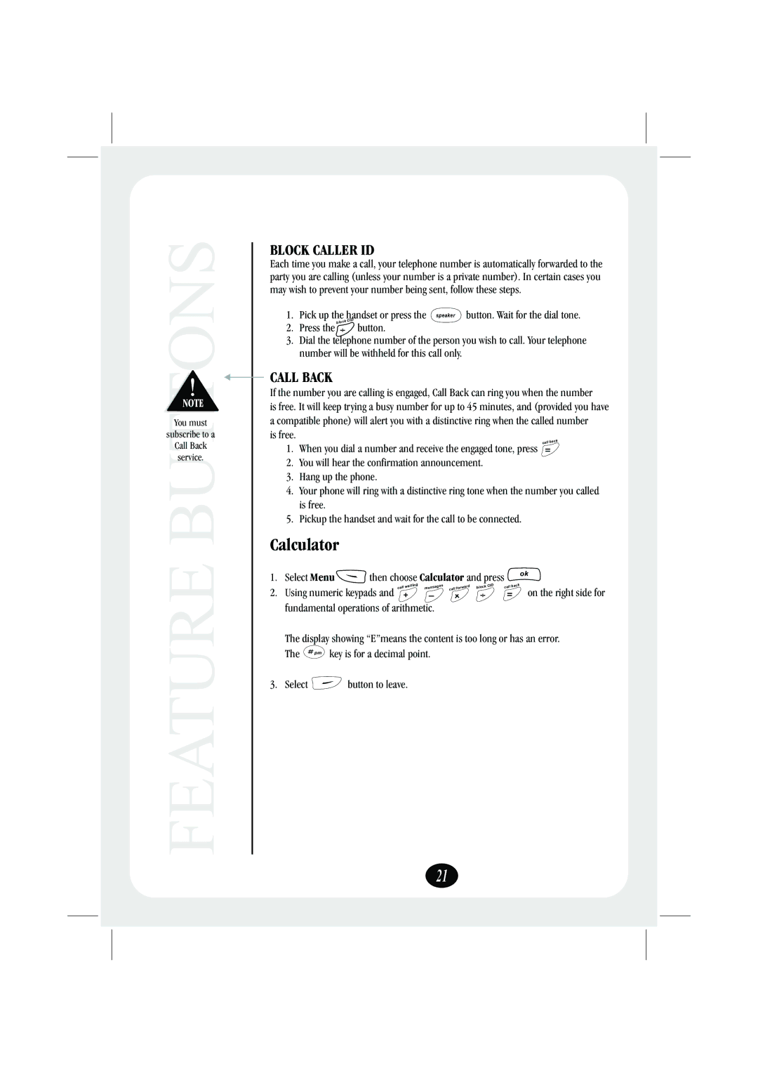 Uniden FP106 quick start Block Caller ID, Call Back, Fundamental operations of arithmetic, Select button to leave 