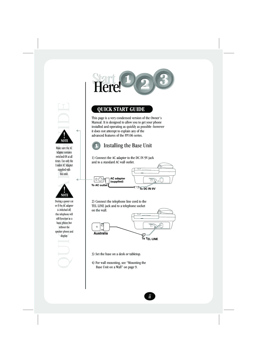 Uniden quick start Switched on at all, Supplied with This unit, Advanced features of the FP106 series 