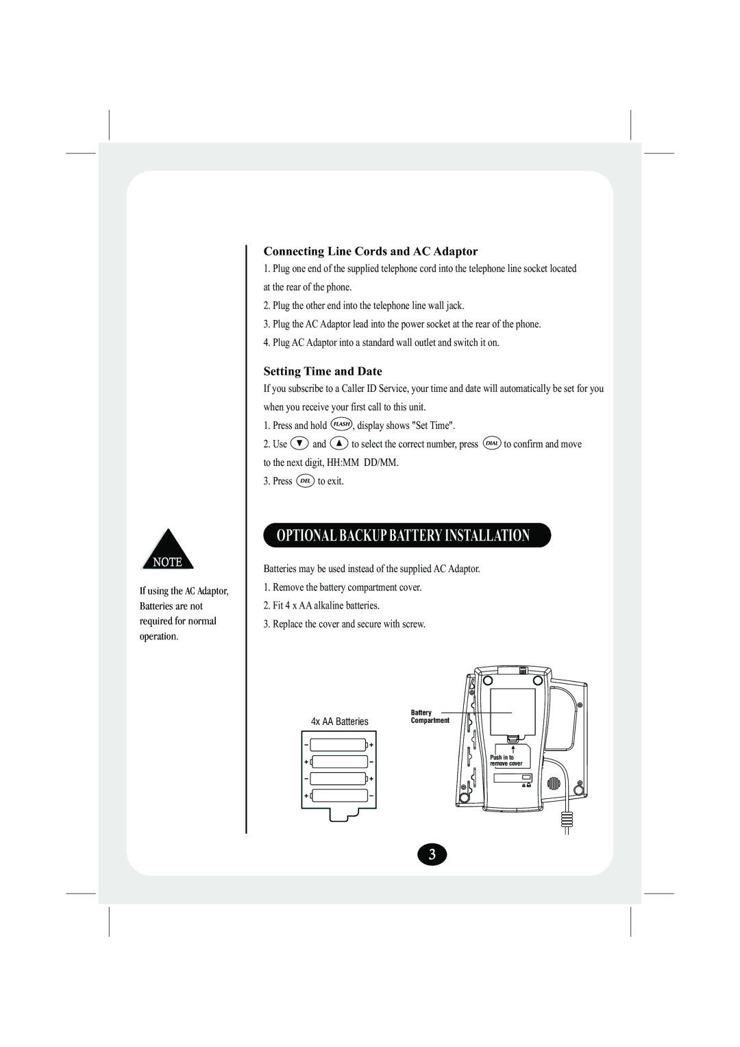 Uniden FP203 manual Connecting Line Cords and AC Adaptor, Setting Time and Date 