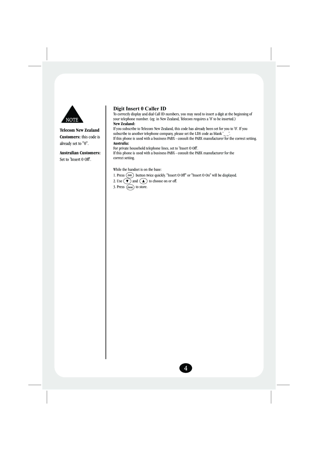 Uniden FP203 manual Digit Insert 0 Caller ID, New Zealand 