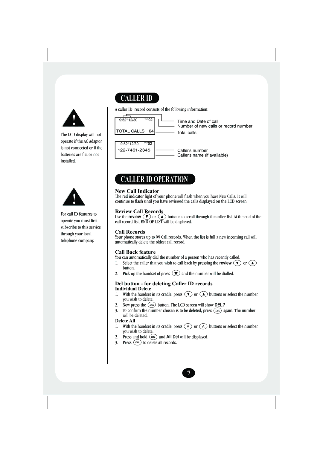 Uniden FP203 manual Caller ID Operation 