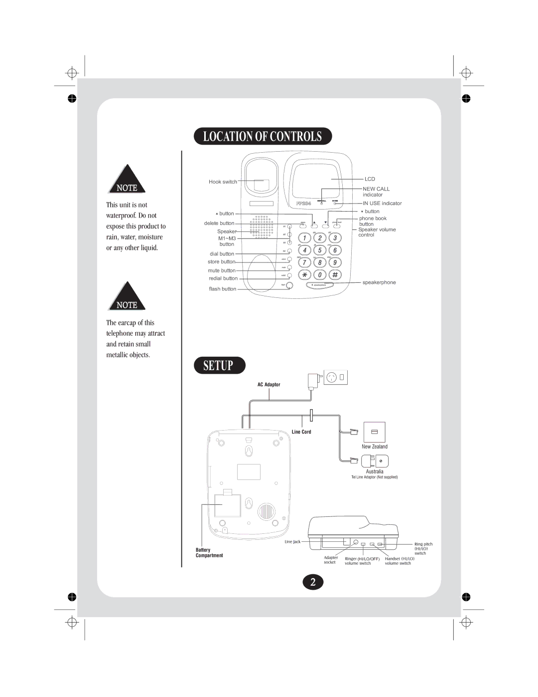 Uniden FP204 manual Location of Controls, Setup 