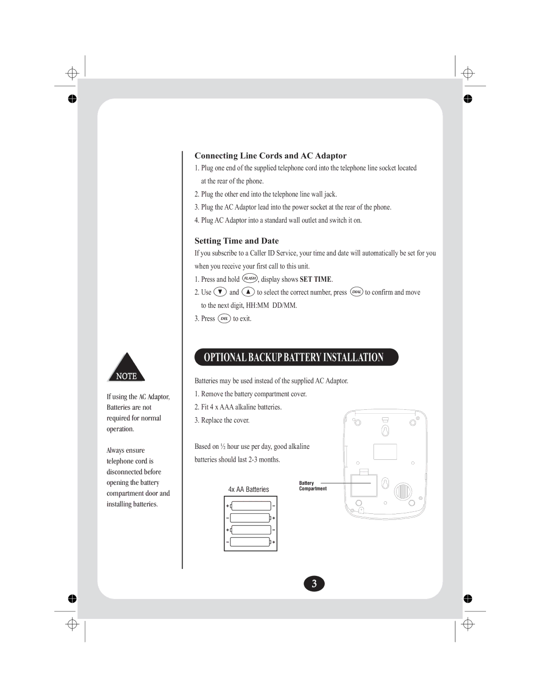 Uniden FP204 manual Connecting Line Cords and AC Adaptor, Setting Time and Date 