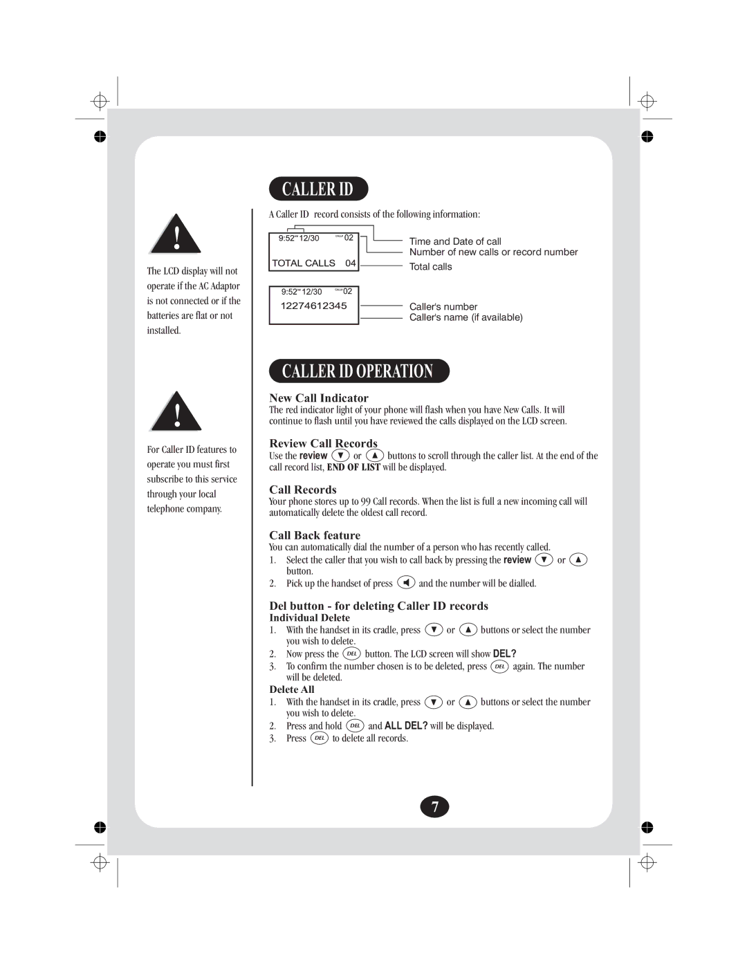 Uniden FP204 manual Caller ID Operation 