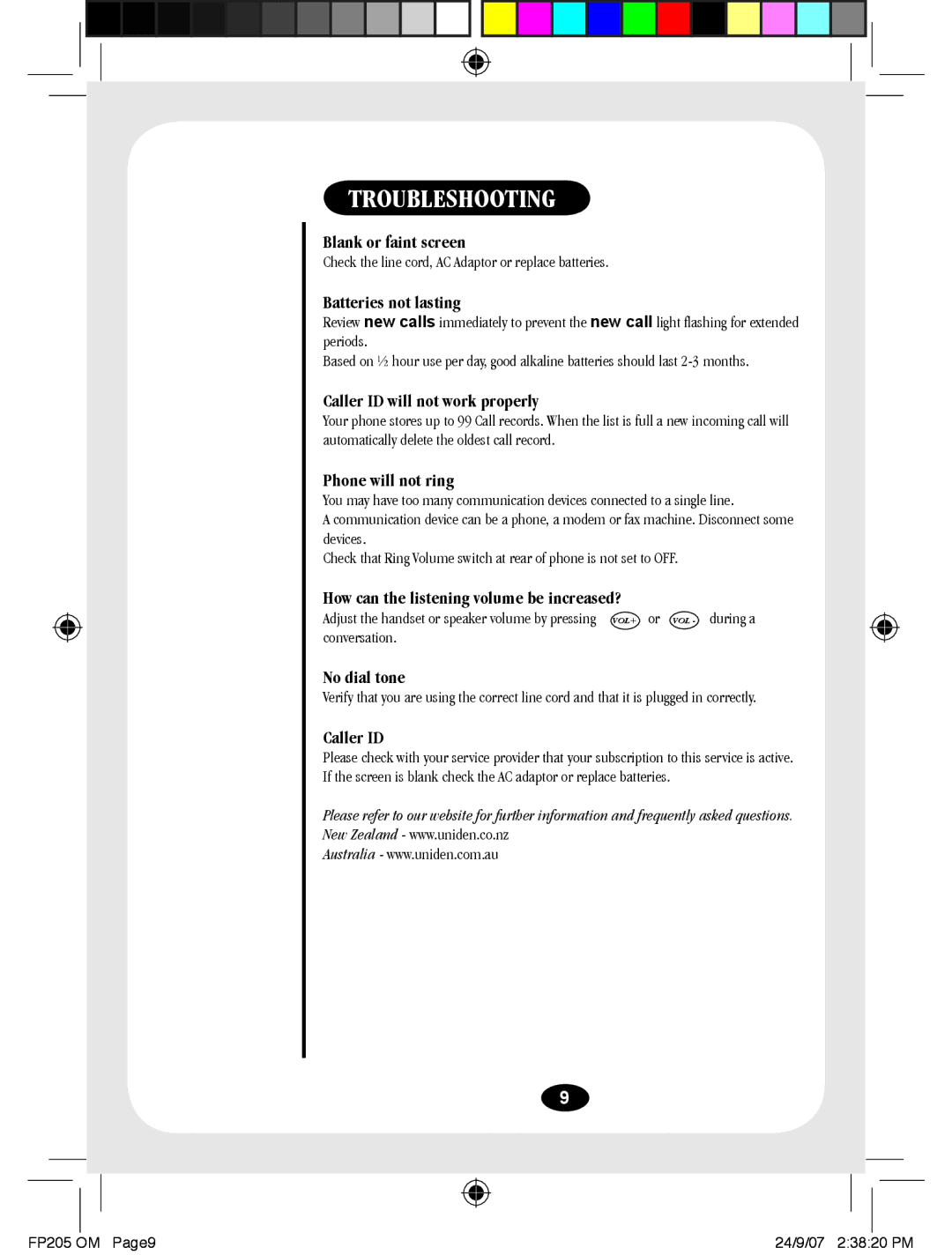 Uniden FP205 manual Troubleshooting 