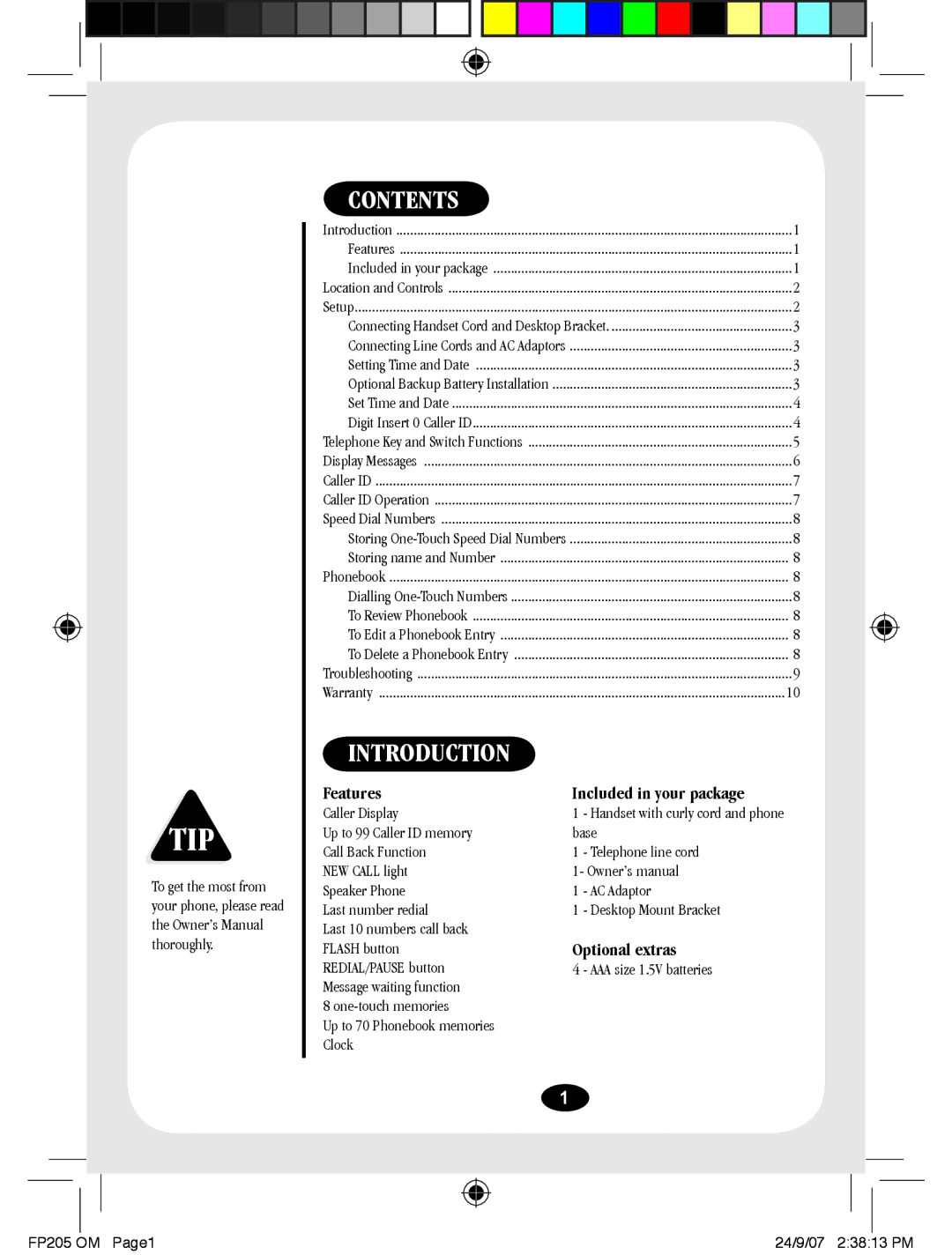 Uniden FP205 manual Tip, Contents 