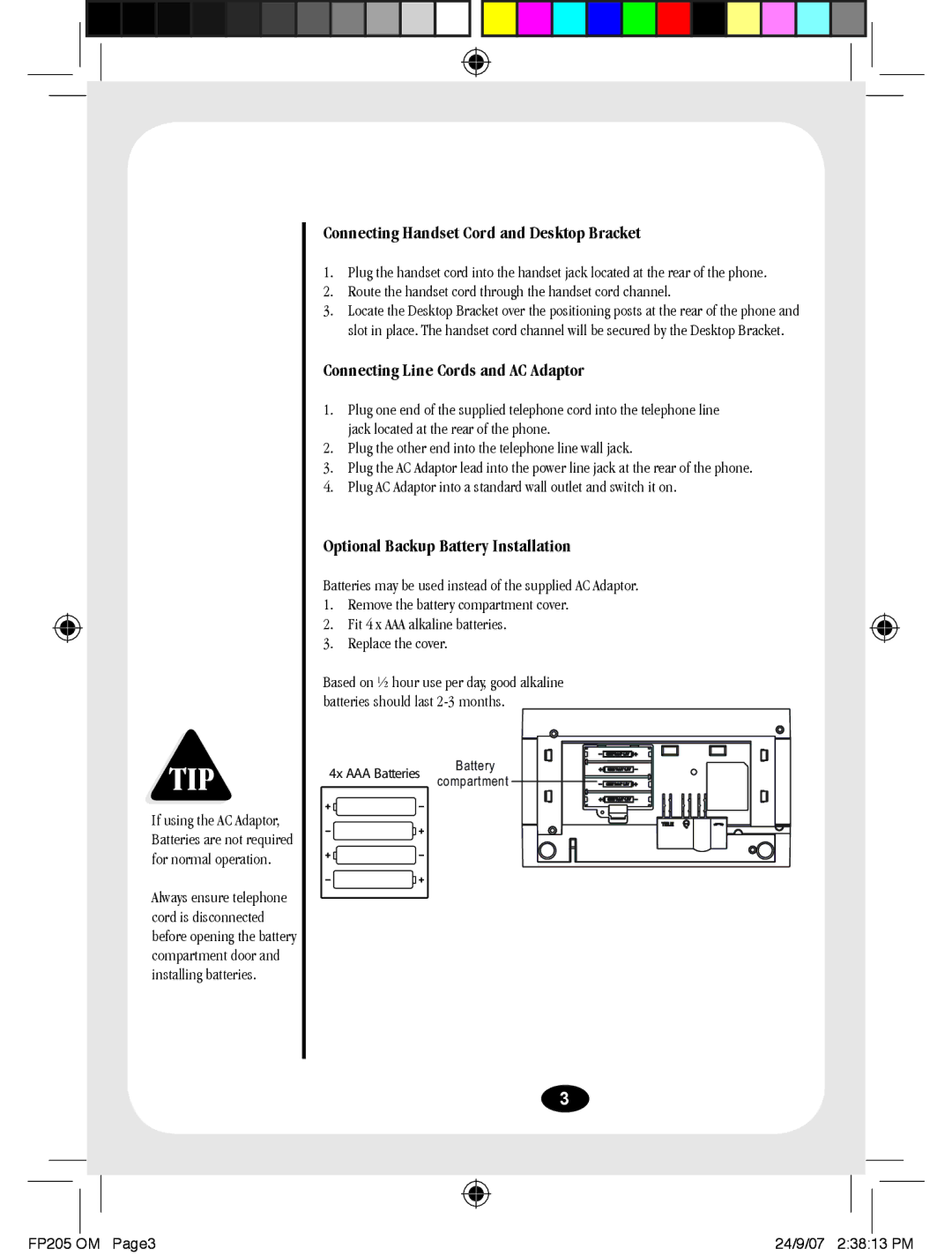 Uniden FP205 manual Connecting Handset Cord and Desktop Bracket, Connecting Line Cords and AC Adaptor 