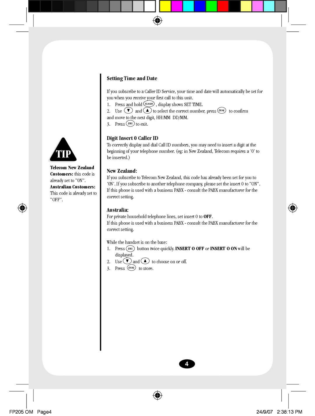 Uniden FP205 manual Setting Time and Date, Digit Insert 0 Caller ID, New Zealand, Australia 