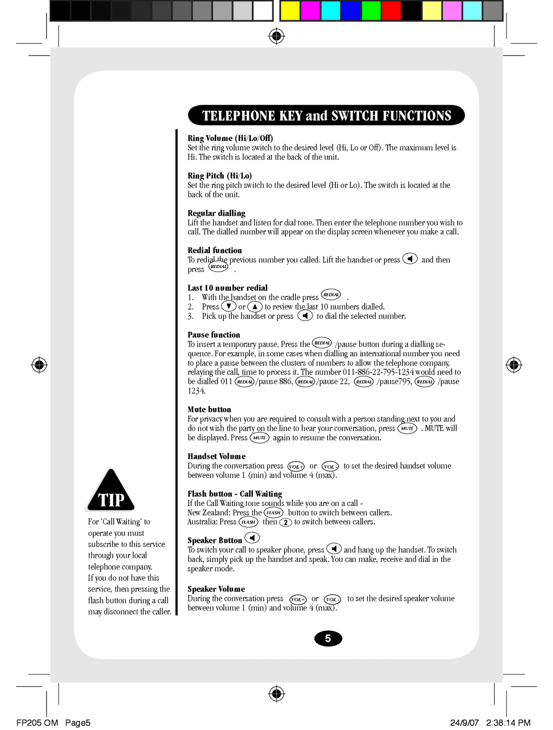 Uniden FP205 manual Telephone KEY and Switch Functions 