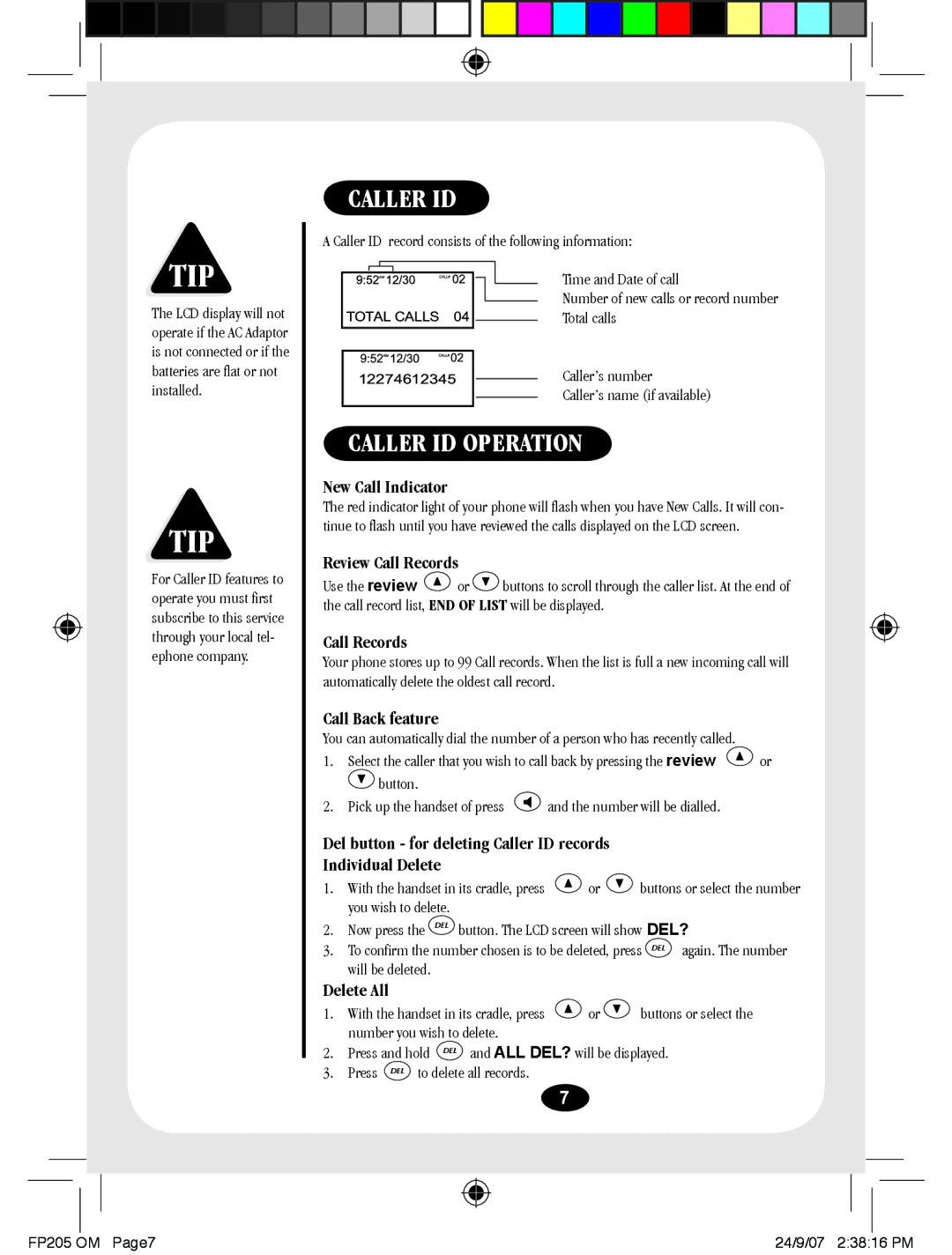 Uniden FP205 manual Caller ID Operation 